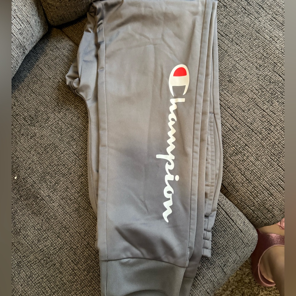 Champion Light Gray Joggers with White Script and Red Logo